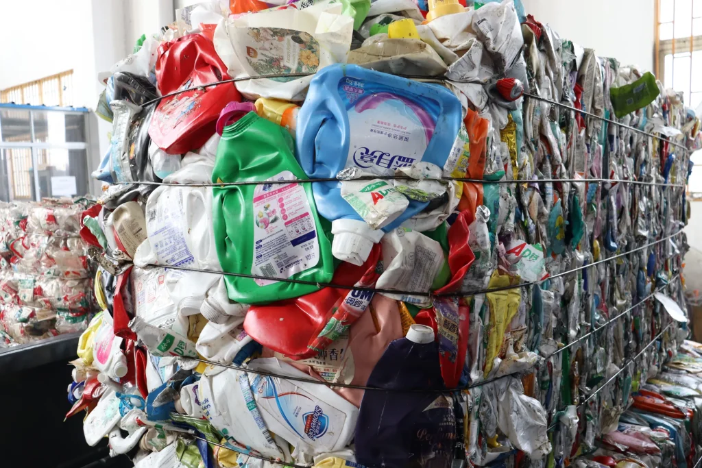 HDPE PP bottle bales stacked for washing