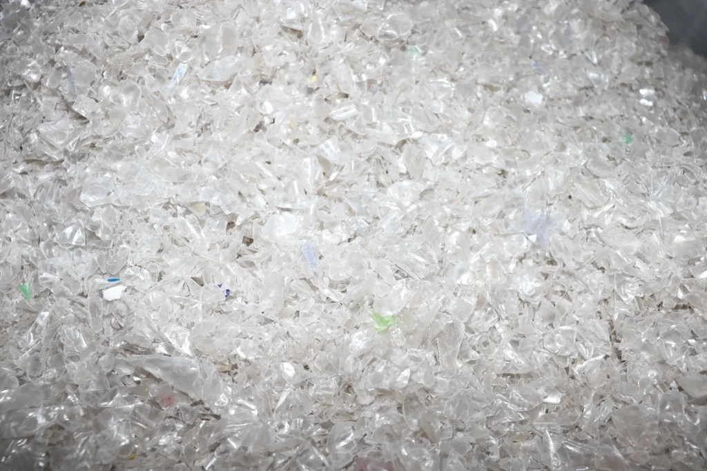 Clean white PET bottle flakes after washing