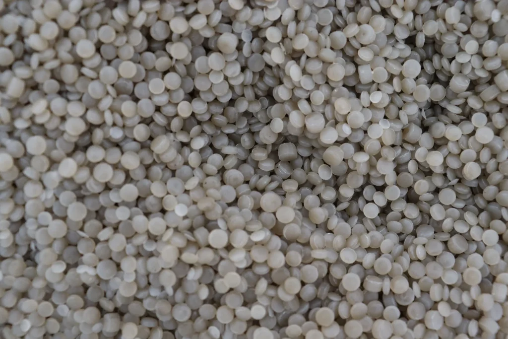 White recycled pellets after film pelletizing