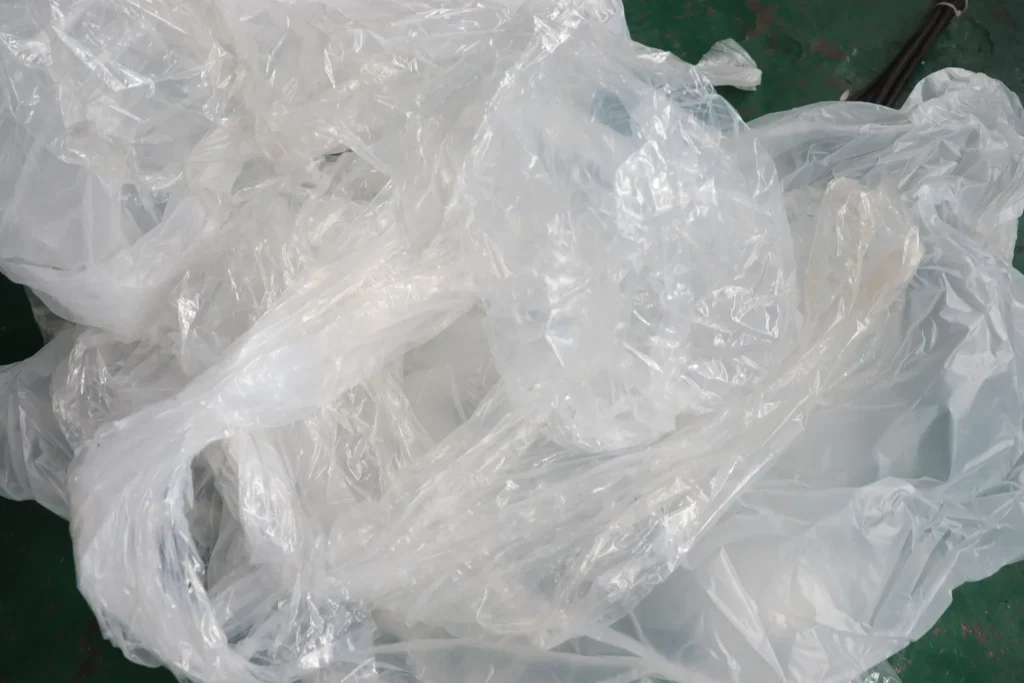 White LDPE film bundles before pelletizing